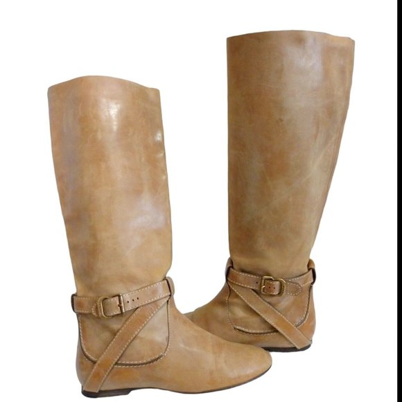 Chloe Womens Beige Tan Knee High Leather Boots Mid Calf EU 37 Slip-On Flat Heel - Picture 1 of 12